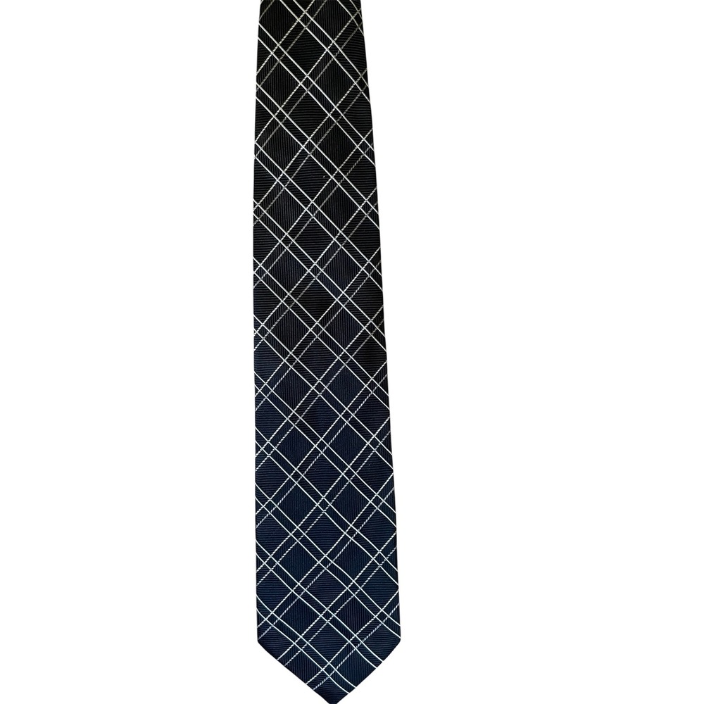 Foggia Mens Necktie Black White Plaid Pattern Silk Business Formal - Picture 3 of 4